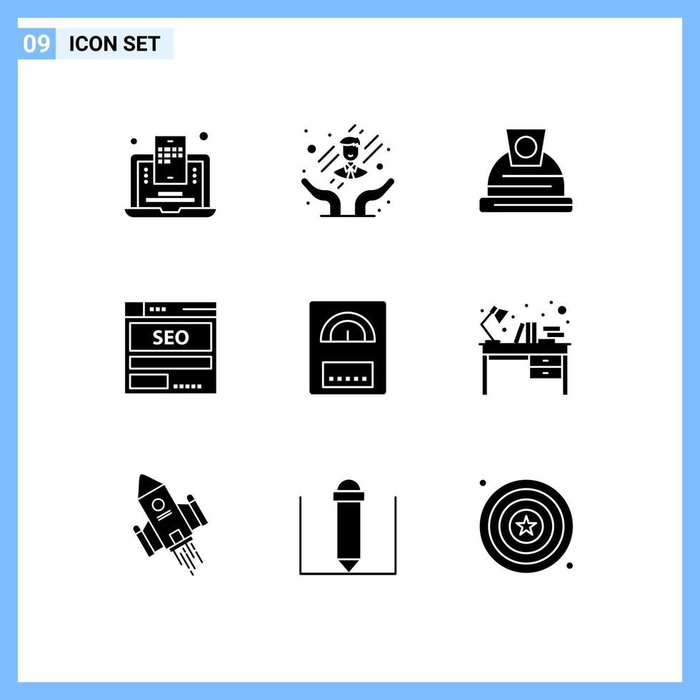 User Interface Pack of 9 Basic Solid Glyphs of heater tech construction seo data Editable Vector Design Elements