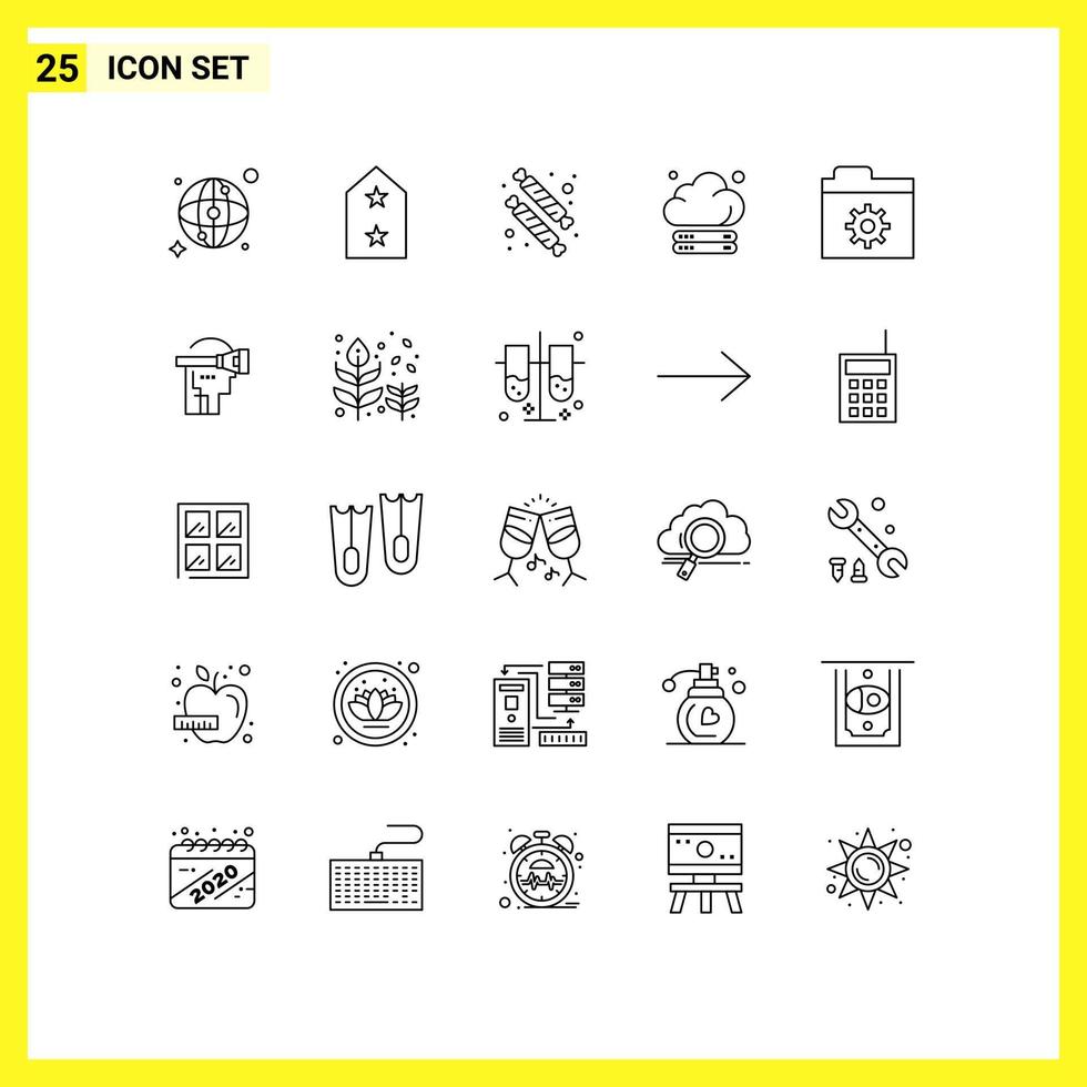 25 User Interface Line Pack of modern Signs and Symbols of folder control candy technology server Editable Vector Design Elements