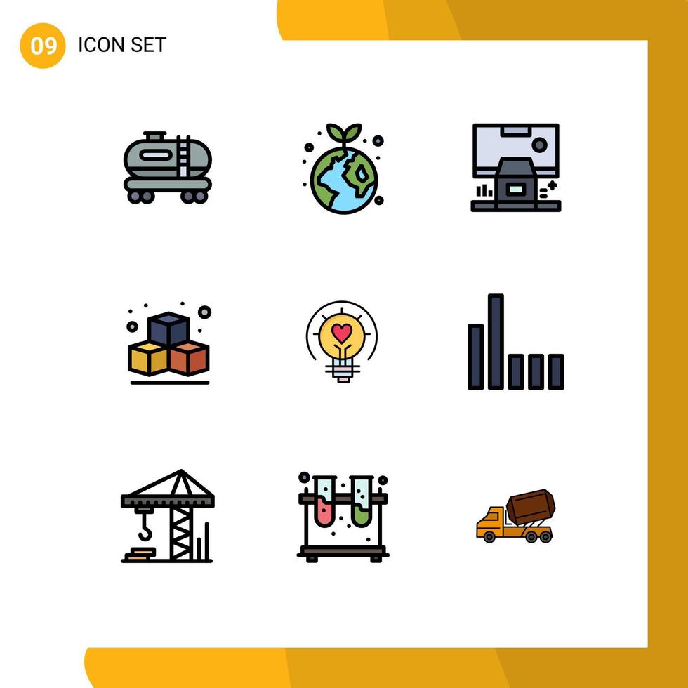 Mobile Interface Filledline Flat Color Set of 9 Pictograms of light bulb valentine center bulb box Editable Vector Design Elements