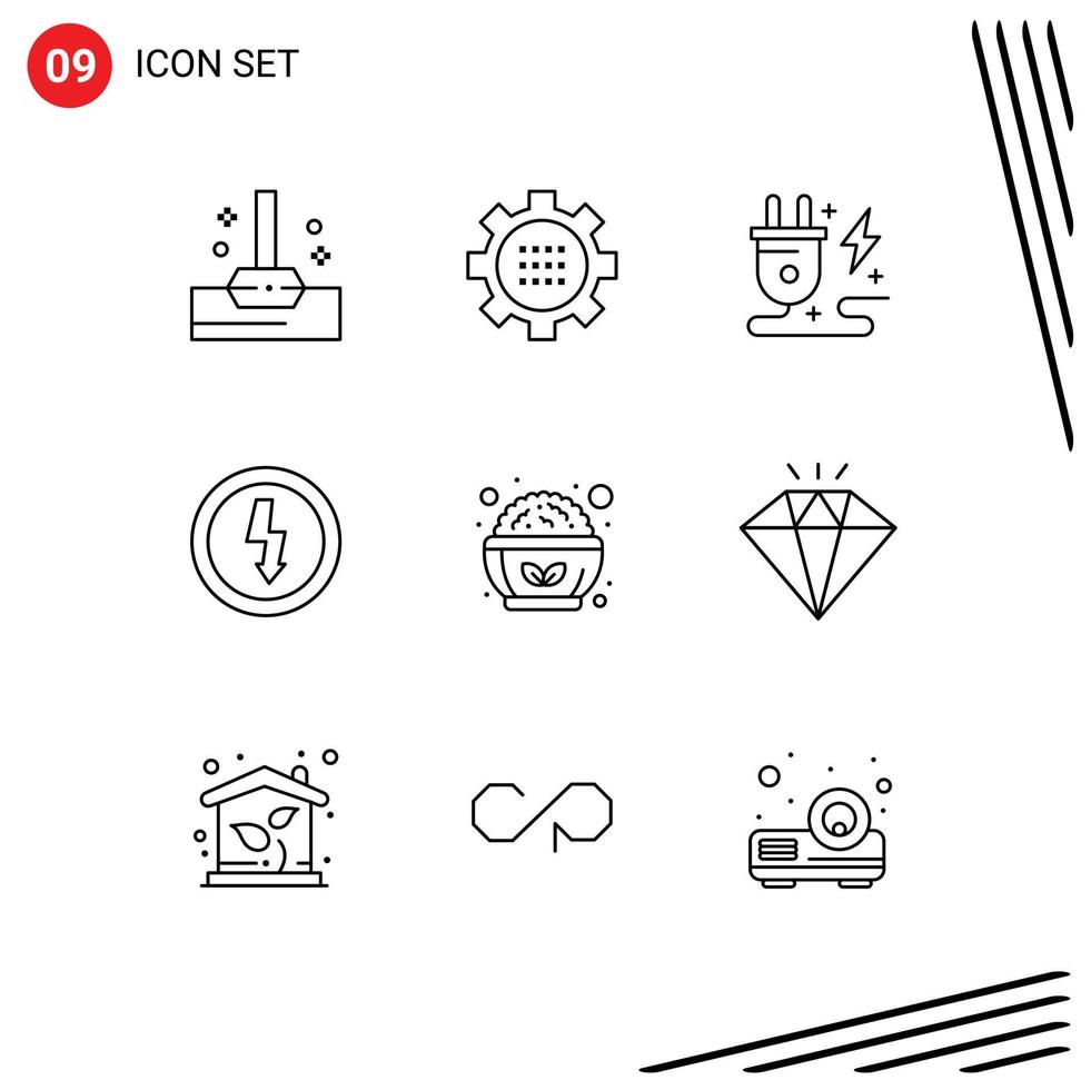 Modern Set of 9 Outlines Pictograph of healthy power energy electricity charge Editable Vector Design Elements