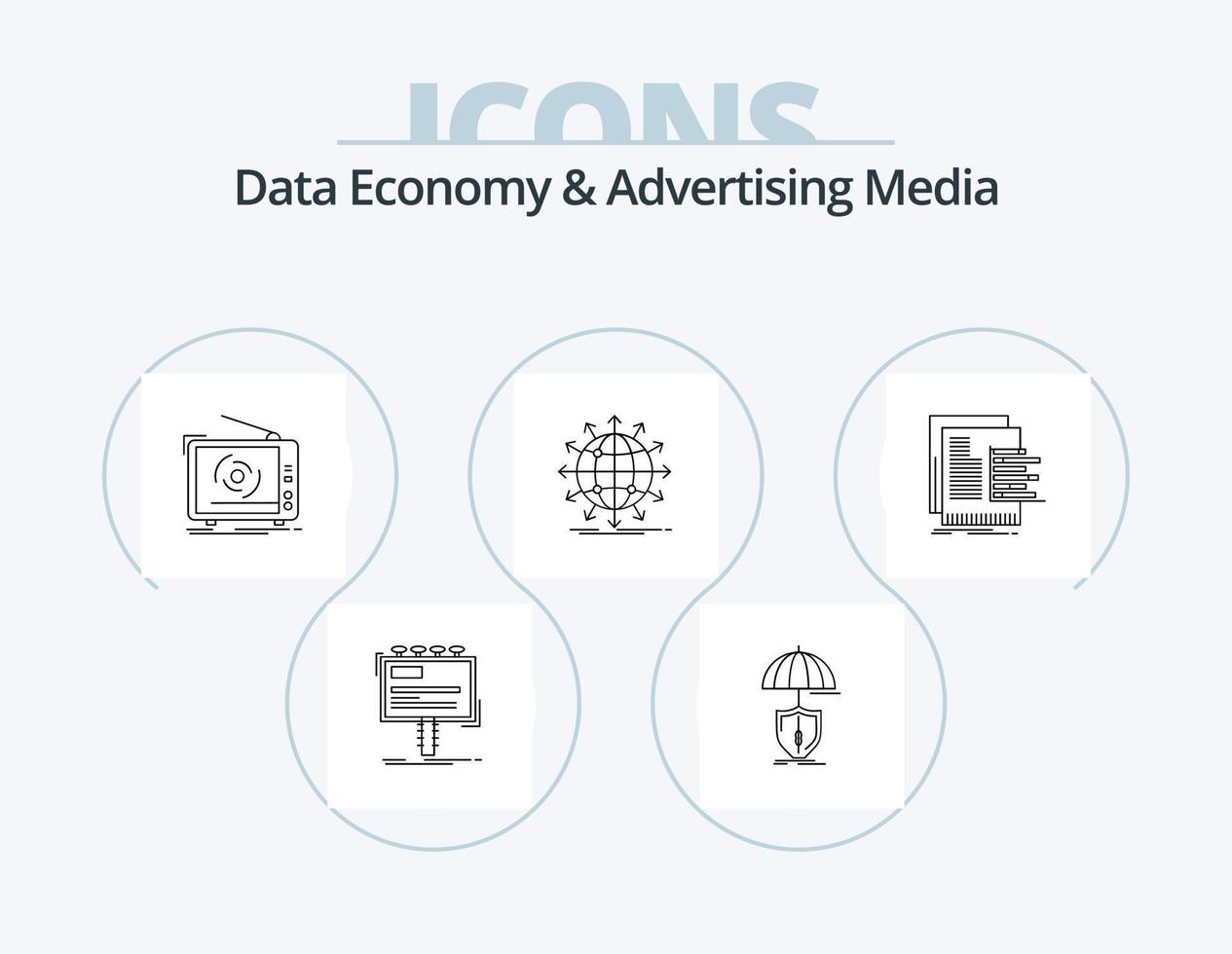 economía de datos y diseño de iconos de paquete de iconos de línea de medios publicitarios 5. marketing. campañas información. mercado en línea. organización vector