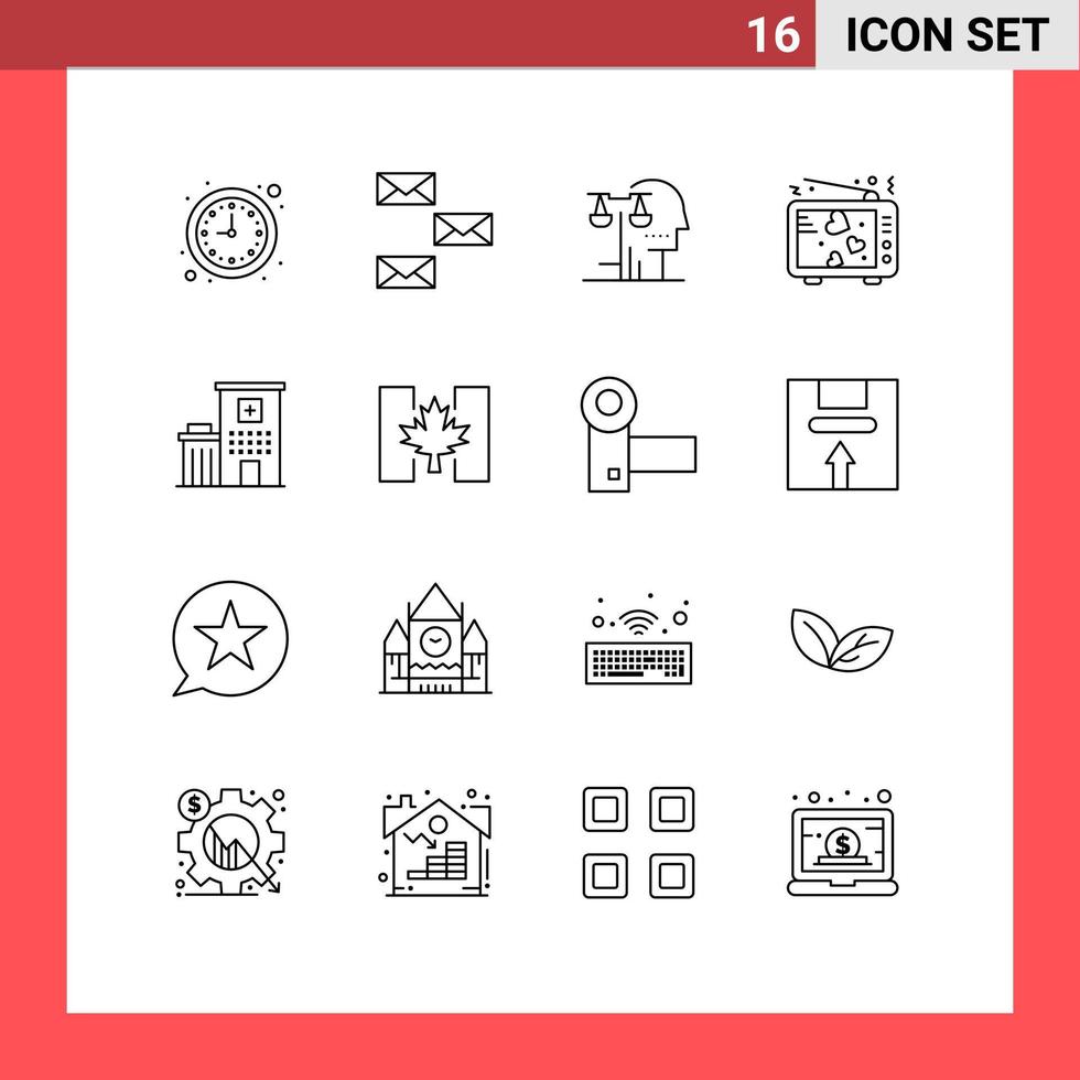 16 User Interface Outline Pack of modern Signs and Symbols of tv lovers envelope love judgment Editable Vector Design Elements