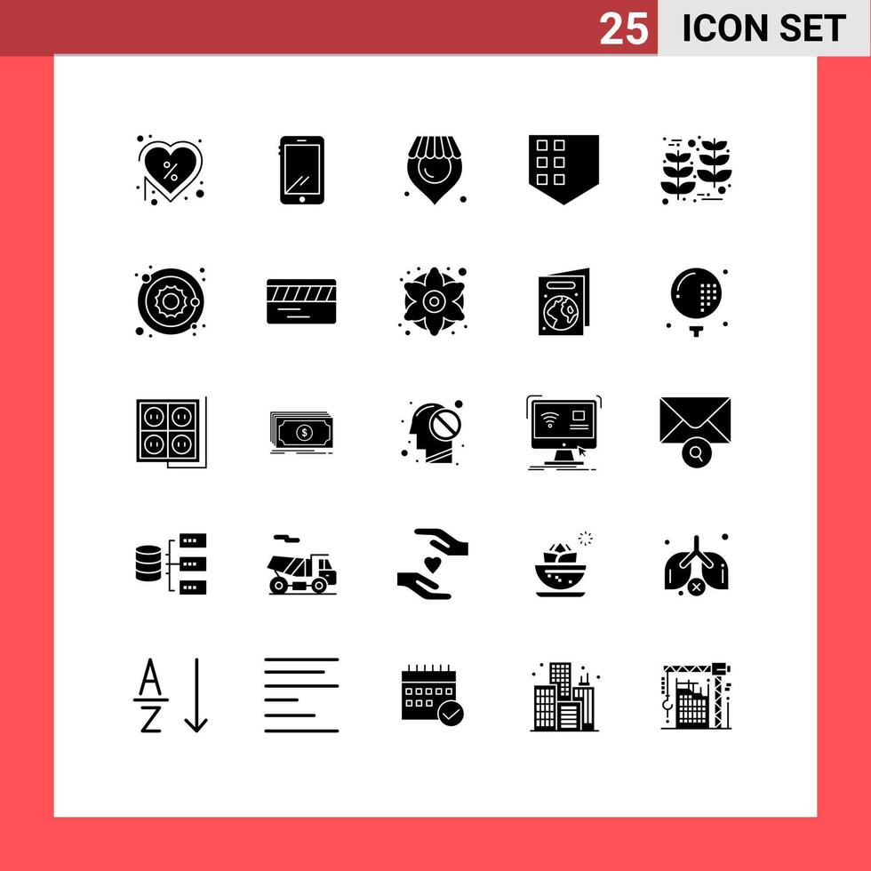 Set of 25 Vector Solid Glyphs on Grid for harvest shield android security supermarket Editable Vector Design Elements