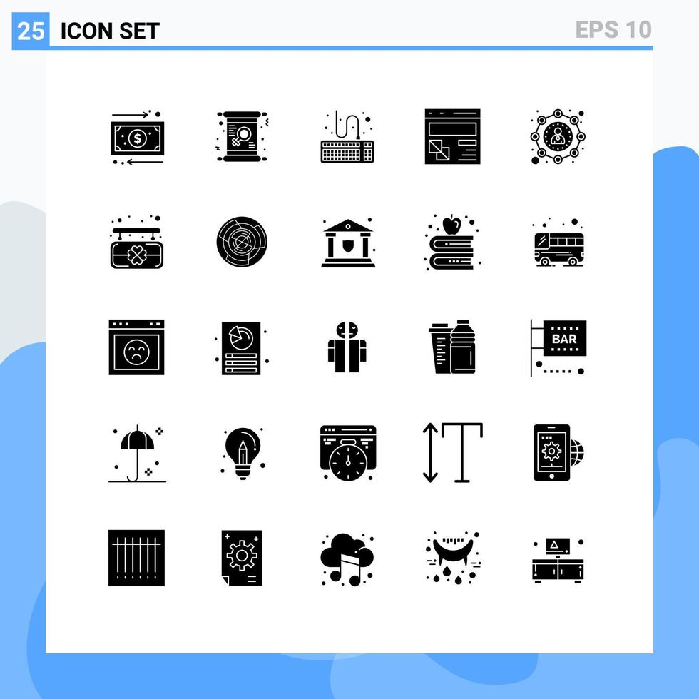 conjunto moderno de 25 glifos y símbolos sólidos, como el desarrollo de páginas web, las mujeres desarrollan herramientas elementos de diseño de vectores editables
