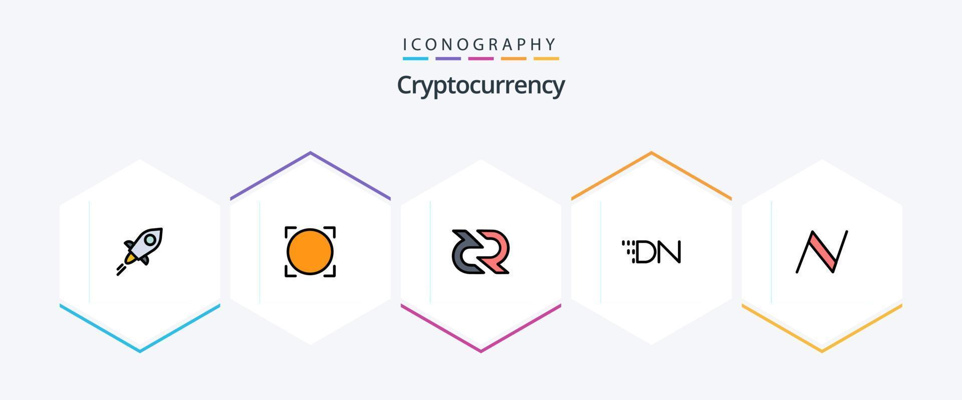 Cryptocurrency 25 FilledLine icon pack including name coin. crypto. decreed. coin. reward vector