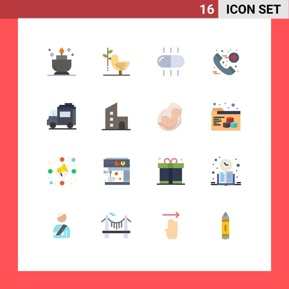 Mobile Interface Flat Color Set of 16 Pictograms of transport car drug bus emergency Editable Pack of Creative Vector Design Elements