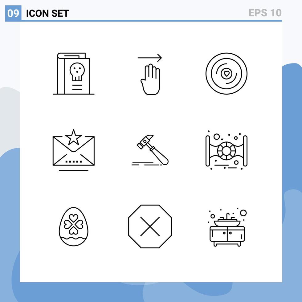 Pack of 9 Modern Outlines Signs and Symbols for Web Print Media such as hammer mark right favorite wedding Editable Vector Design Elements