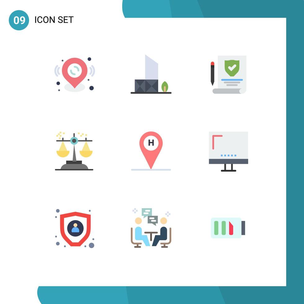 Mobile Interface Flat Color Set of 9 Pictograms of beach judgment security court choice Editable Vector Design Elements