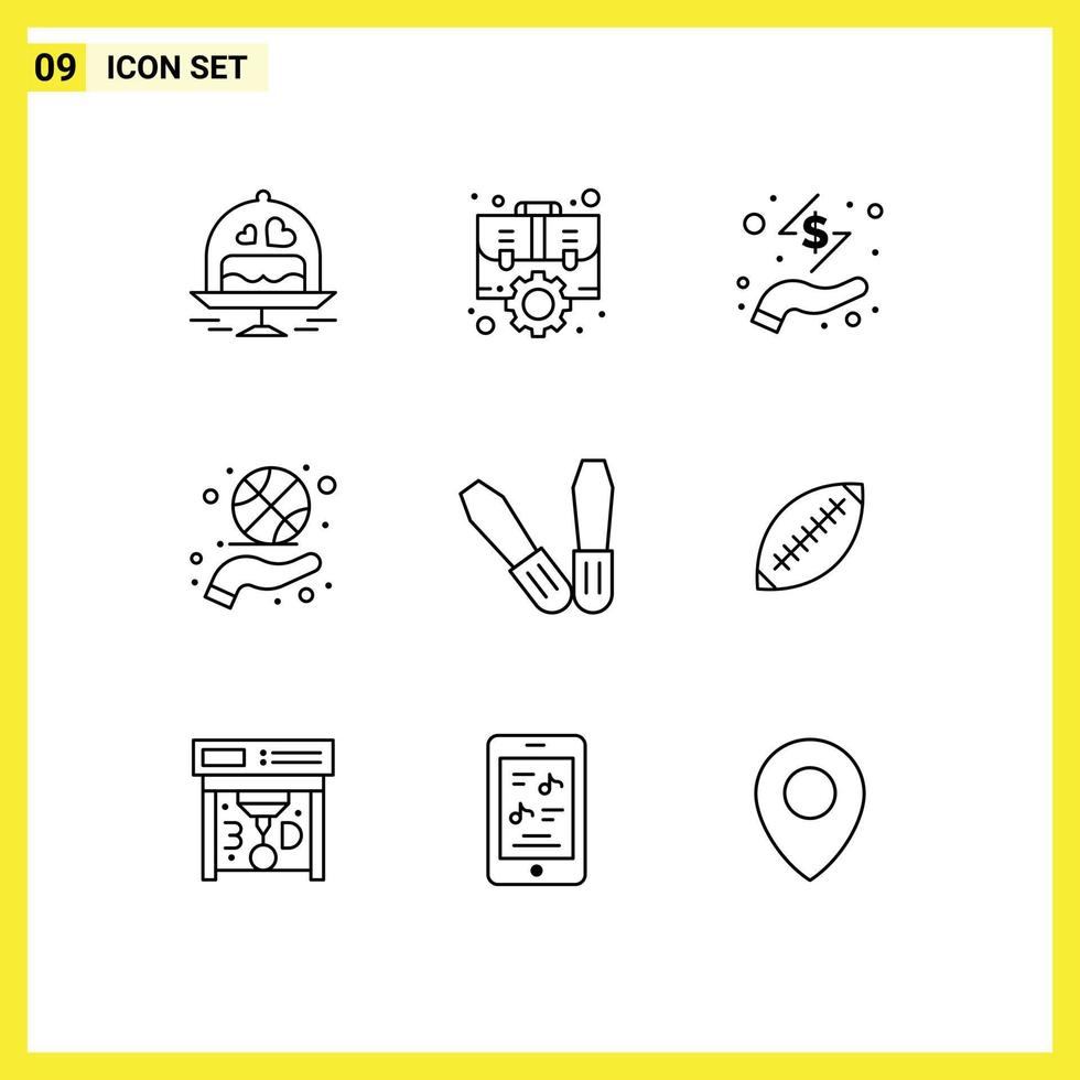 Group of 9 Modern Outlines Set for sport hand strategic fitness money Editable Vector Design Elements