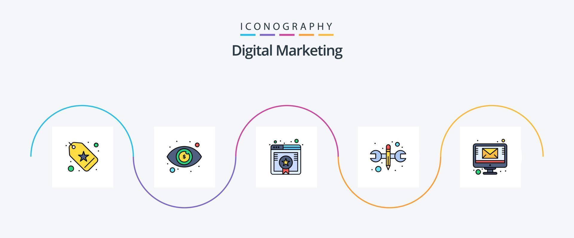 paquete de iconos de 5 planos llenos de línea de marketing digital que incluye pantalla de correo electrónico. marcador. herramientas. reparar vector