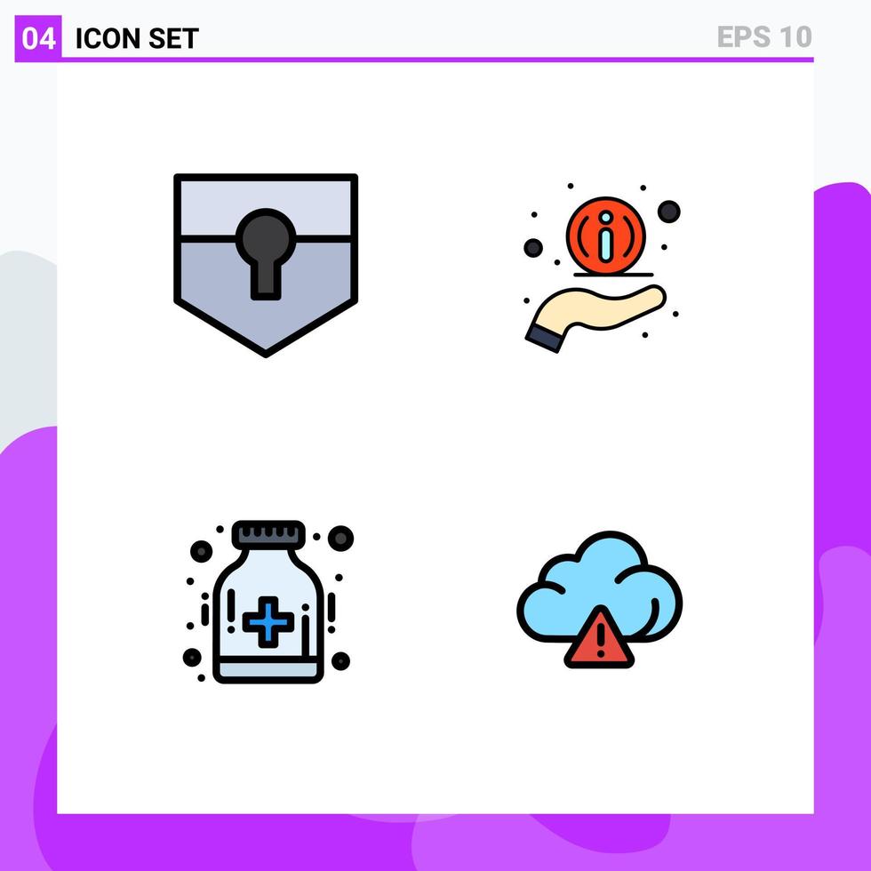 grupo de 4 colores planos de línea de llenado modernos establecidos para elementos de diseño de vectores editables en la nube de soporte de escudo de salud clave