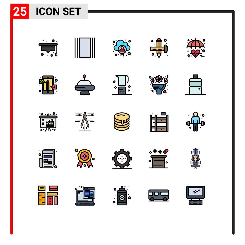 paquete de 25 modernos signos y símbolos de colores planos de línea rellena para medios de impresión web, como el diseño de dibujos de nubes gráficas de seguros, elementos de diseño de vectores editables
