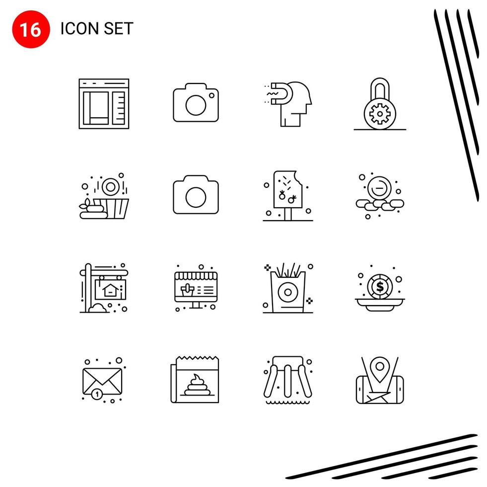 Mobile Interface Outline Set of 16 Pictograms of sauna lock camera control influence Editable Vector Design Elements