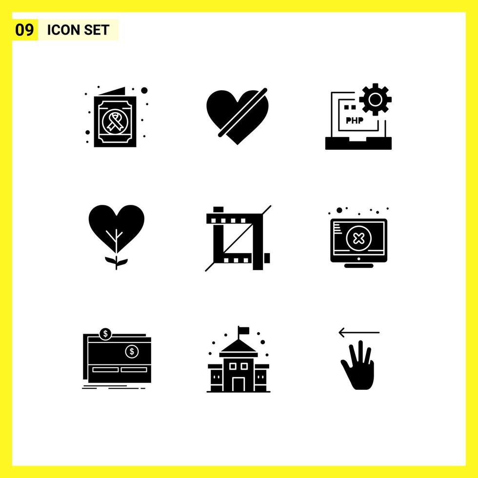 Set of 9 Vector Solid Glyphs on Grid for plant like code love laptop Editable Vector Design Elements