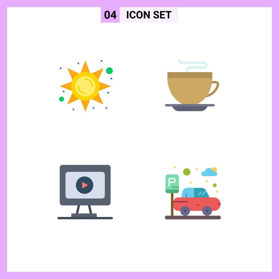 4 iconos universales planos signos símbolos de brillo video sol luz taza coche elementos de diseño vectorial editables vector