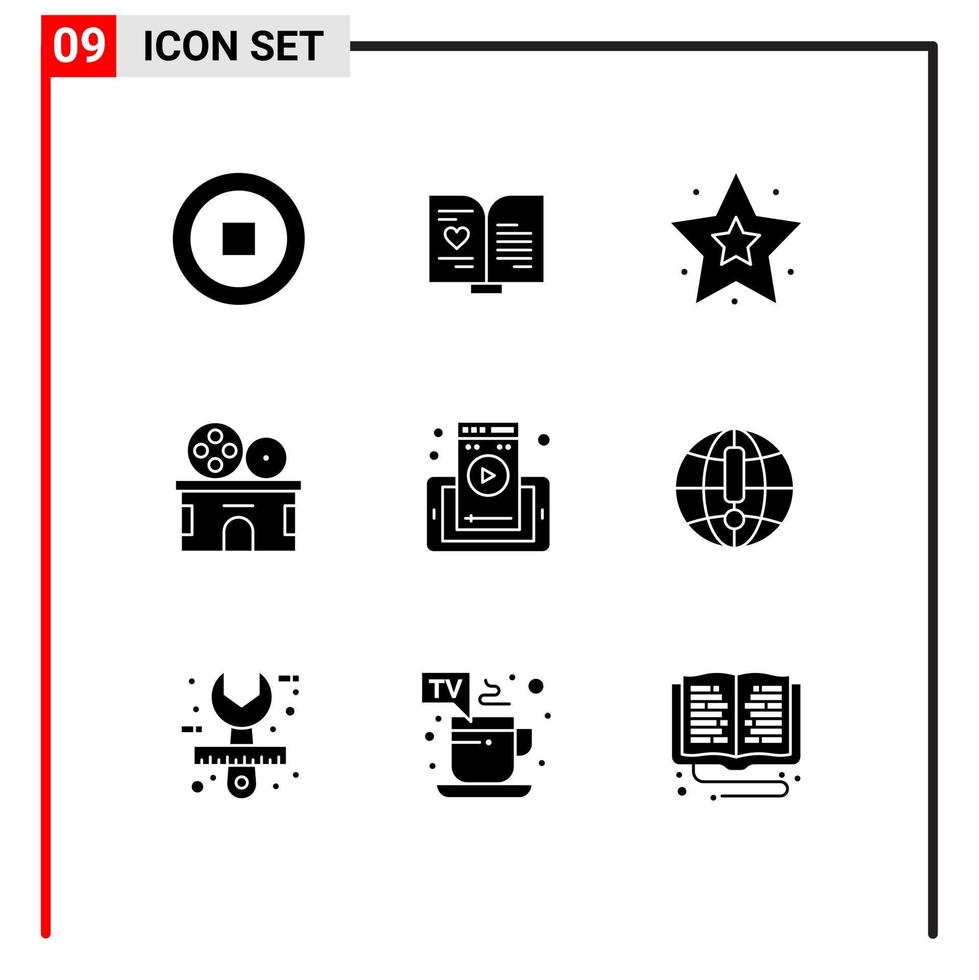 Pack of 9 Modern Solid Glyphs Signs and Symbols for Web Print Media such as cell mobile interface web page theater Editable Vector Design Elements