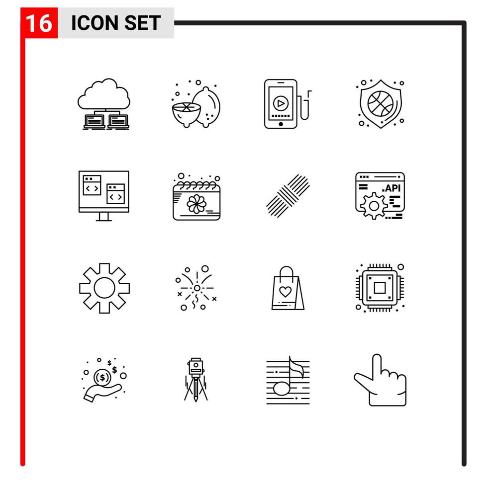 Group of 16 Modern Outlines Set for app shield fruit security education Editable Vector Design Elements