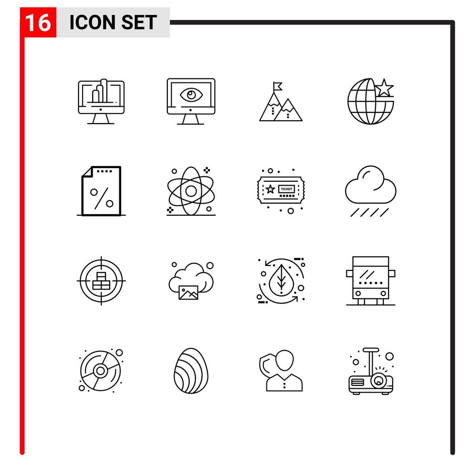Editable Vector Line Pack of 16 Simple Outlines of global mountain video mission flag Editable Vector Design Elements
