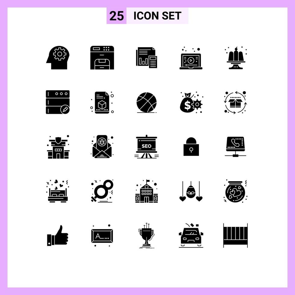 Mobile Interface Solid Glyph Set of 25 Pictograms of tutorial internet accounting report calculation Editable Vector Design Elements