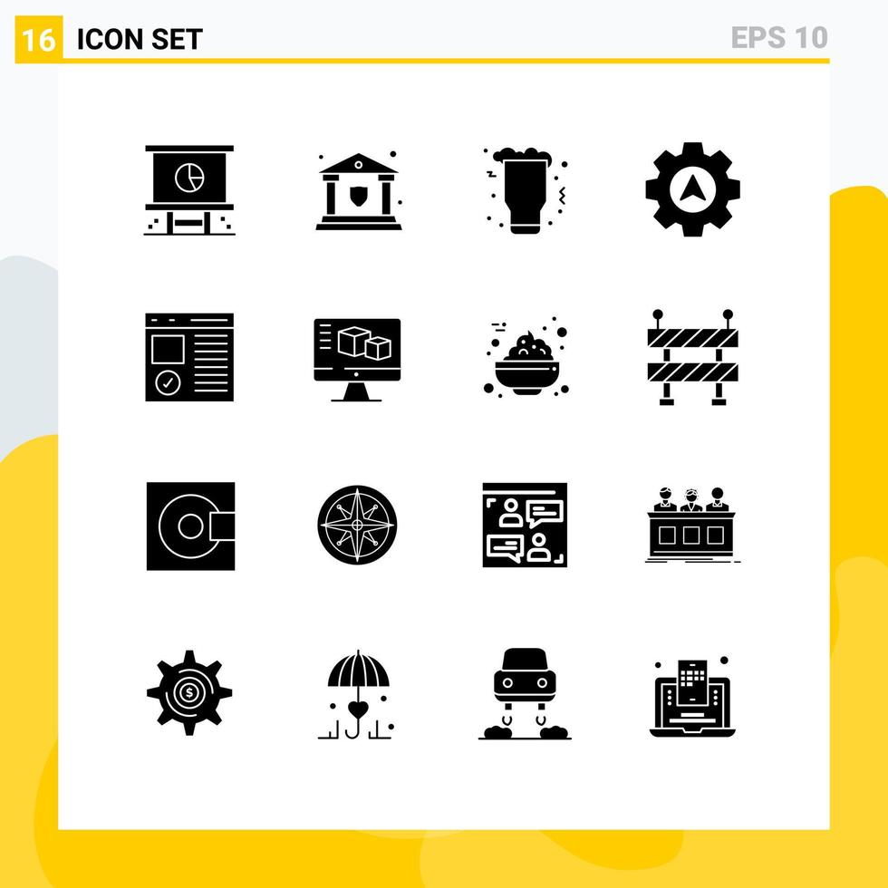 16 glifos sólidos universales establecidos para aplicaciones web y móviles navegador cursor escudo navegación vino elementos de diseño vectorial editables vector
