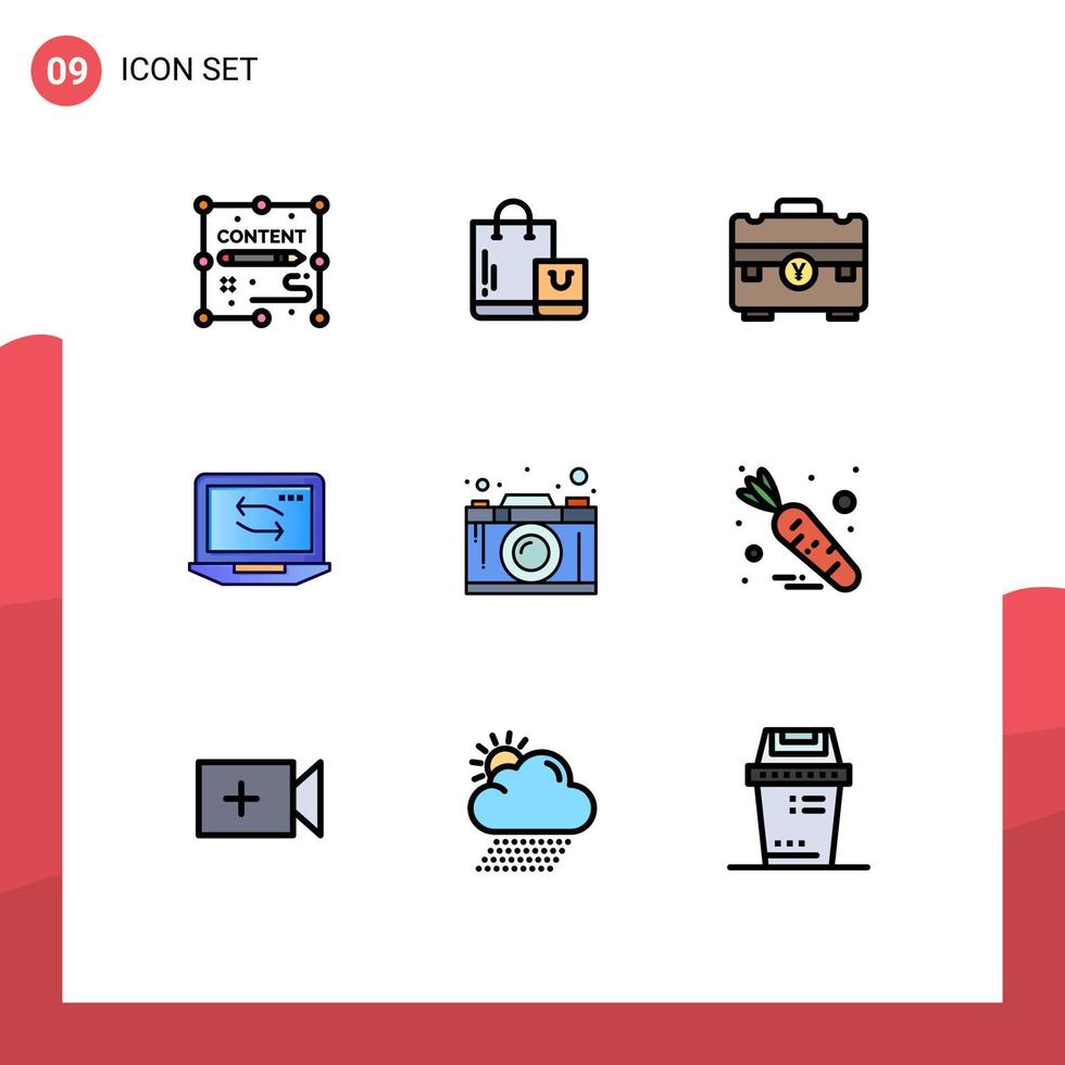 User Interface Pack of 9 Basic Filledline Flat Colors of camera laptop bag network portfolio Editable Vector Design Elements