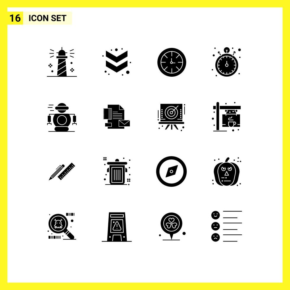 conjunto de pictogramas de 16 glifos sólidos simples de tecnología reloj reloj temporizador reloj de bolsillo elementos de diseño vectorial editables vector