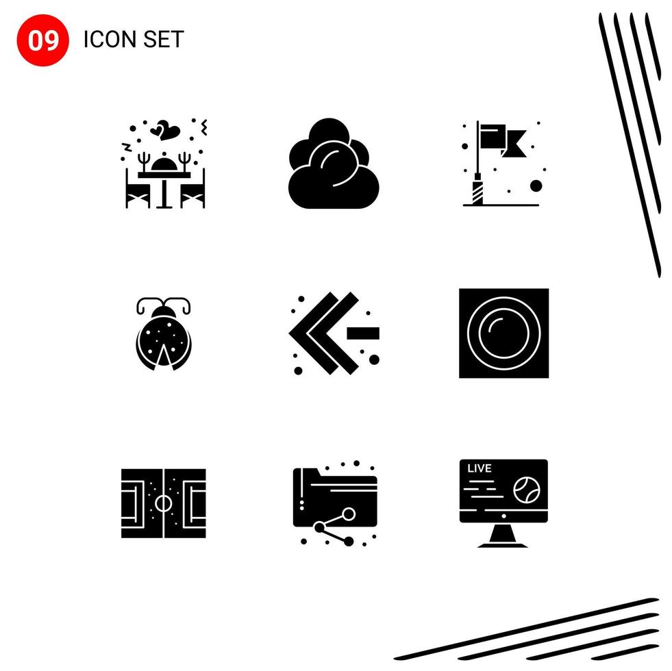 Modern Set of 9 Solid Glyphs Pictograph of left arrows flag ladybug bug Editable Vector Design Elements