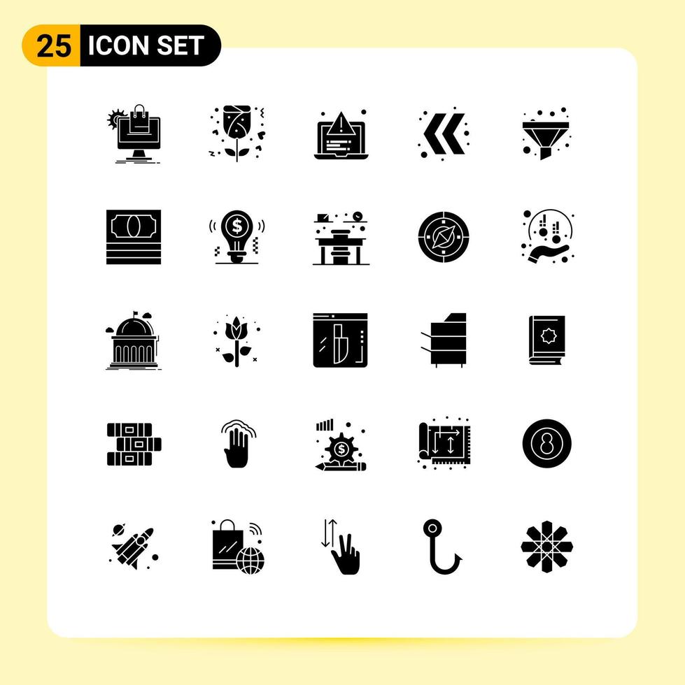 Pack of 25 Modern Solid Glyphs Signs and Symbols for Web Print Media such as sort filter development left arrow Editable Vector Design Elements