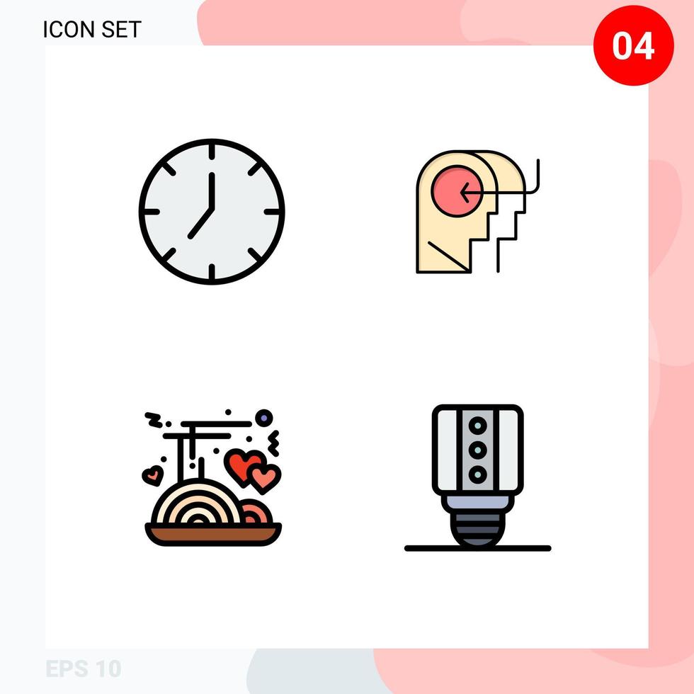 Mobile Interface Filledline Flat Color Set of 4 Pictograms of clock noodle multimedia head food love Editable Vector Design Elements