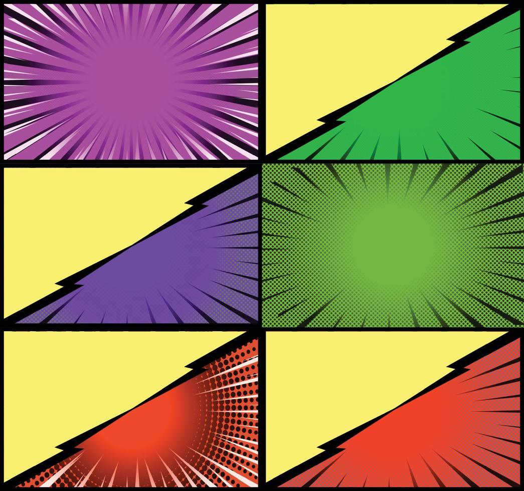 Comic book colorful frames background with halftone rays radial and dotted effects pop art style vector