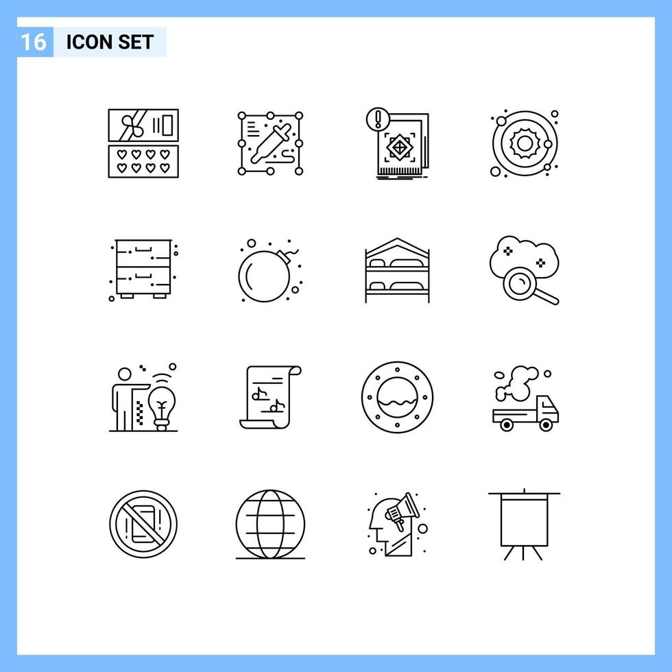 Modern Set of 16 Outlines and symbols such as drawer cabinet infrastructure sun planet Editable Vector Design Elements