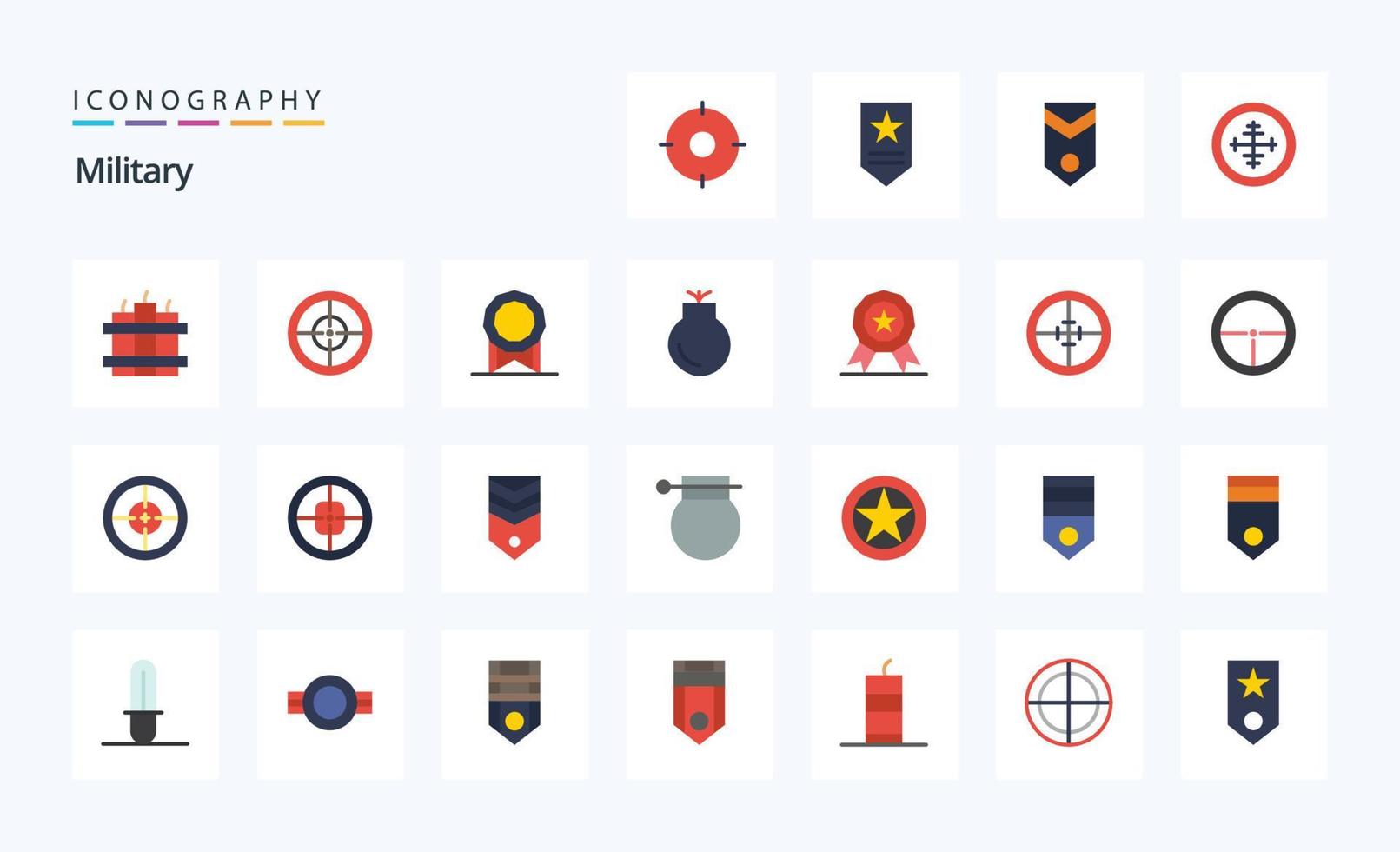 paquete de iconos de 25 colores planos militares vector