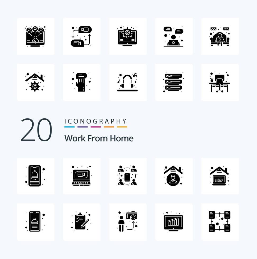 20 Work From Home Solid Glyph icon Pack like computer quarantine conference indoors home vector