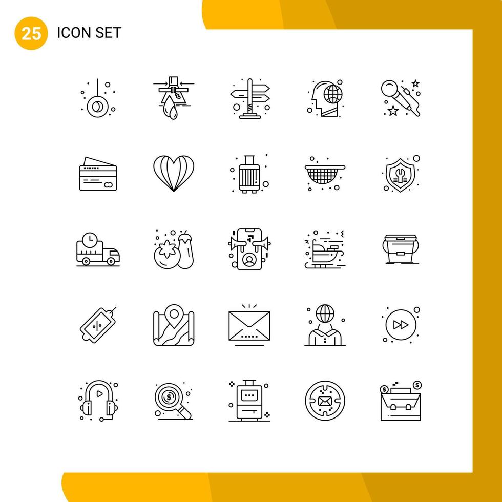25 Thematic Vector Lines and Editable Symbols of mic mind directions human global Editable Vector Design Elements