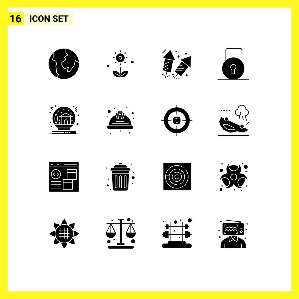 Group of 16 Solid Glyphs Signs and Symbols for gift bowl love security lock pad Editable Vector Design Elements