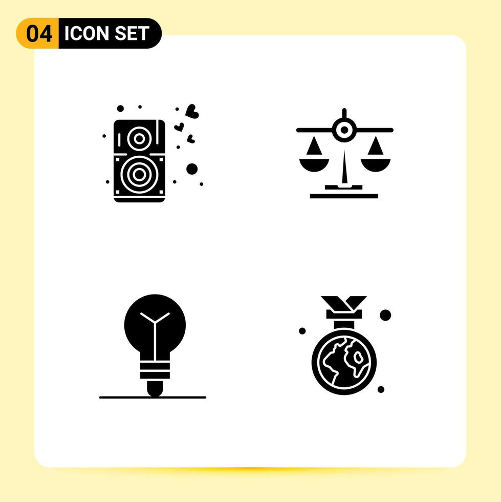 4 User Interface Solid Glyph Pack of modern Signs and Symbols of heart idea speaker law badge Editable Vector Design Elements