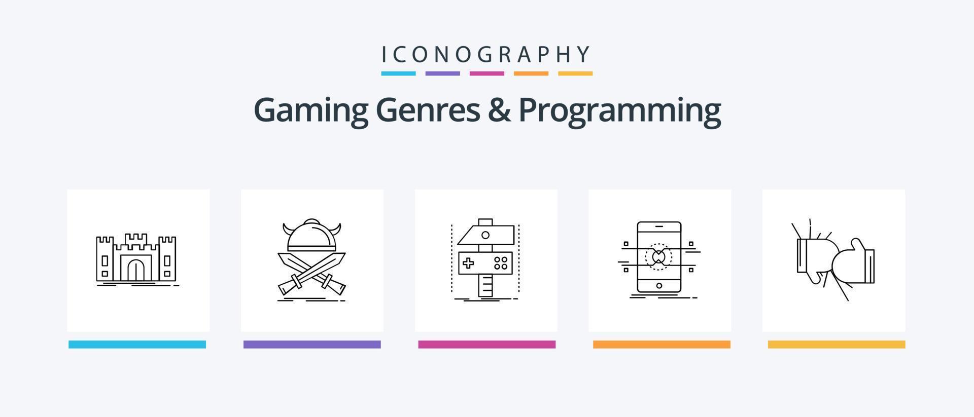 Gaming Genres And Programming Line 5 Icon Pack Including error. computer. robot. swords. viking. Creative Icons Design vector