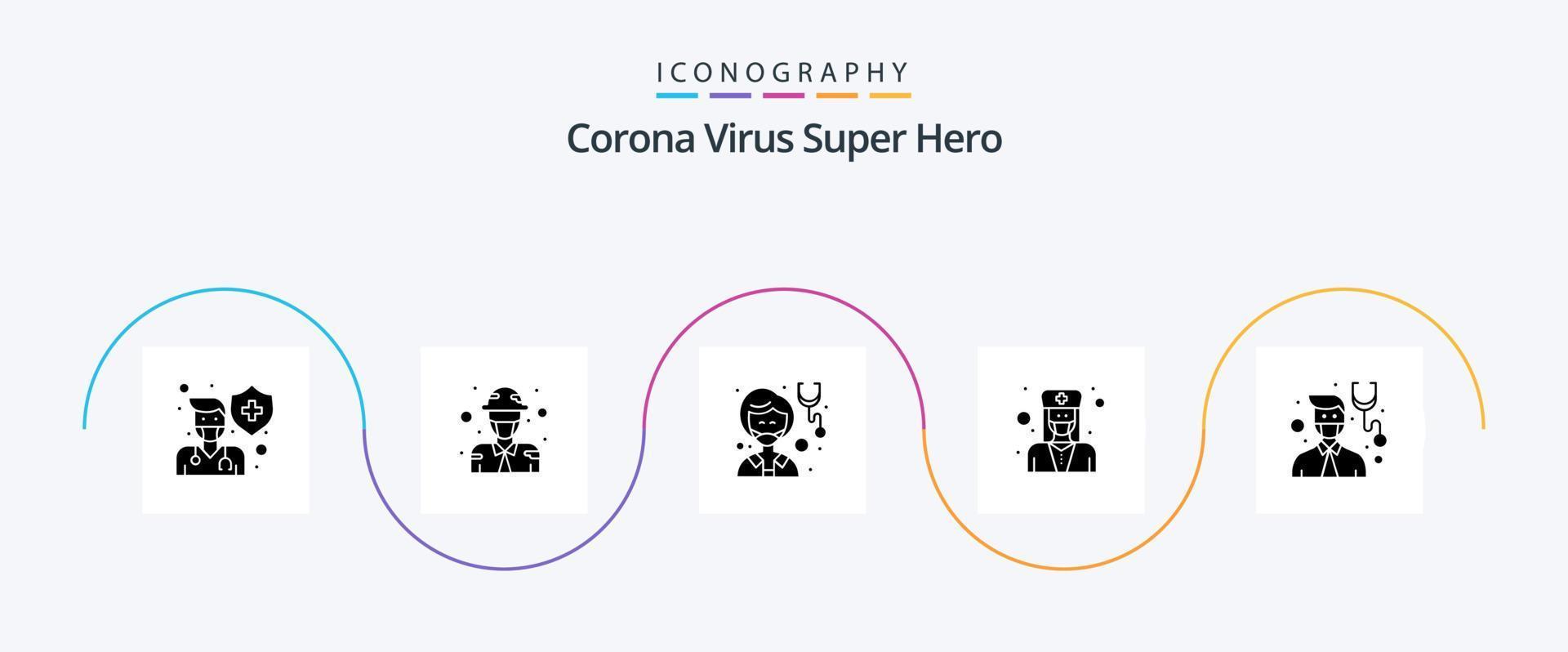 paquete de iconos de glifo 5 de superhéroe del virus de la corona que incluye médico. médico. militar. mujer. medicamento vector