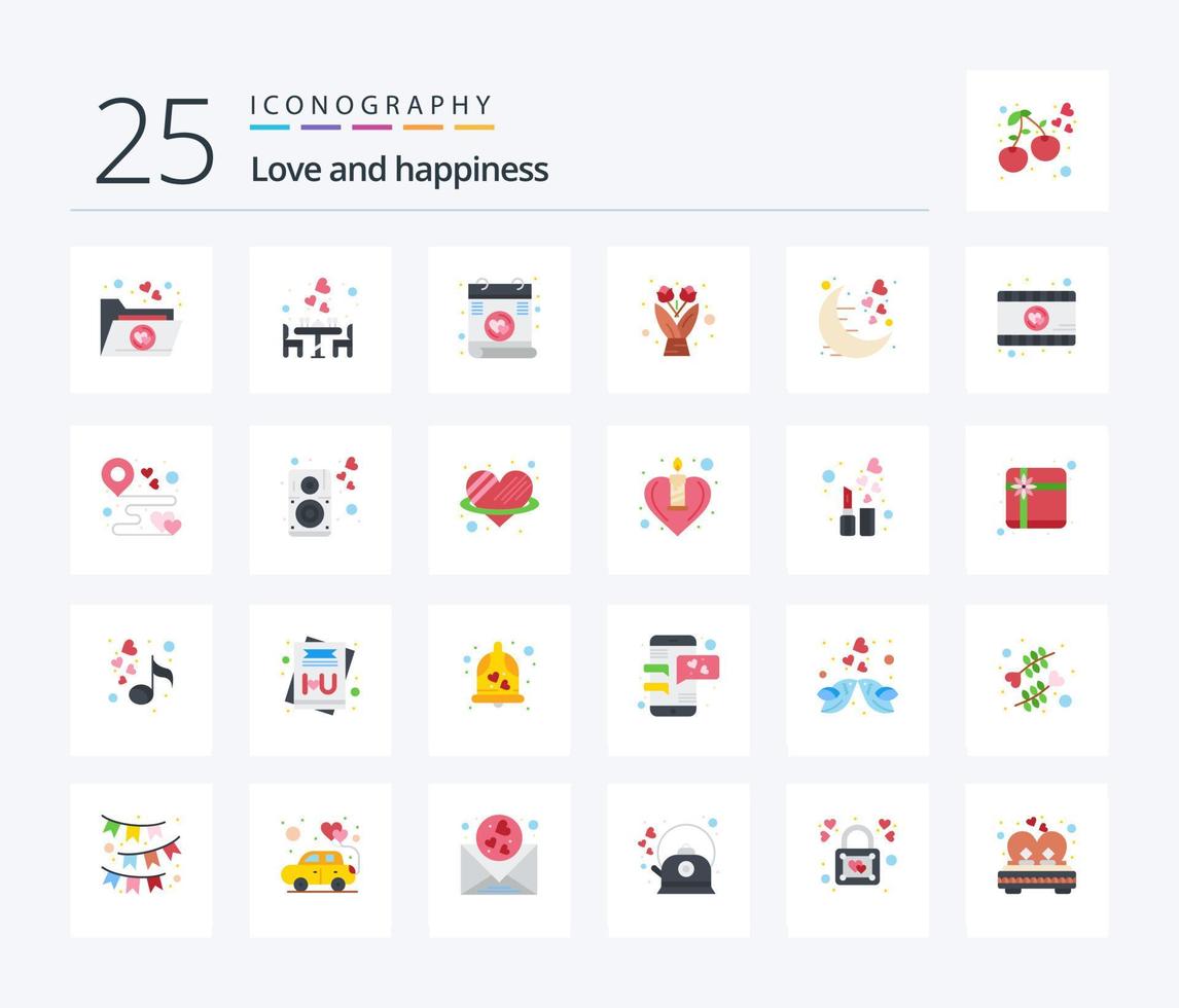 Me encanta el paquete de iconos de 25 colores planos que incluye la noche. amar. carta. fecha. ramo de flores vector