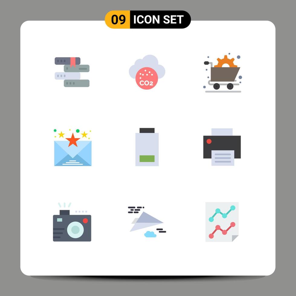 Mobile Interface Flat Color Set of 9 Pictograms of low battery art communication email Editable Vector Design Elements