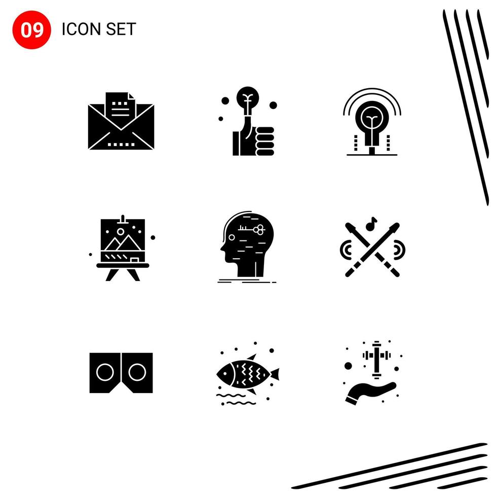 Modern Set of 9 Solid Glyphs Pictograph of hack paint bulb arts board Editable Vector Design Elements
