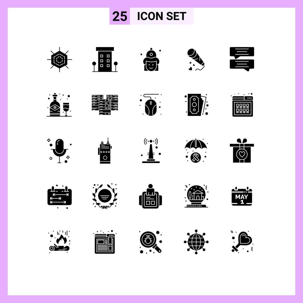 Set of 25 Vector Solid Glyphs on Grid for wedding love fight hearts hat Editable Vector Design Elements