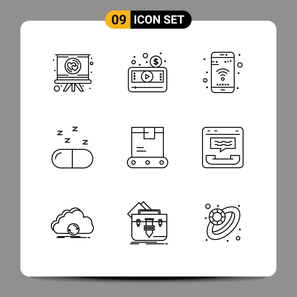 Stock Vector Icon Pack of 9 Line Signs and Symbols for factory pills video medical wifi Editable Vector Design Elements