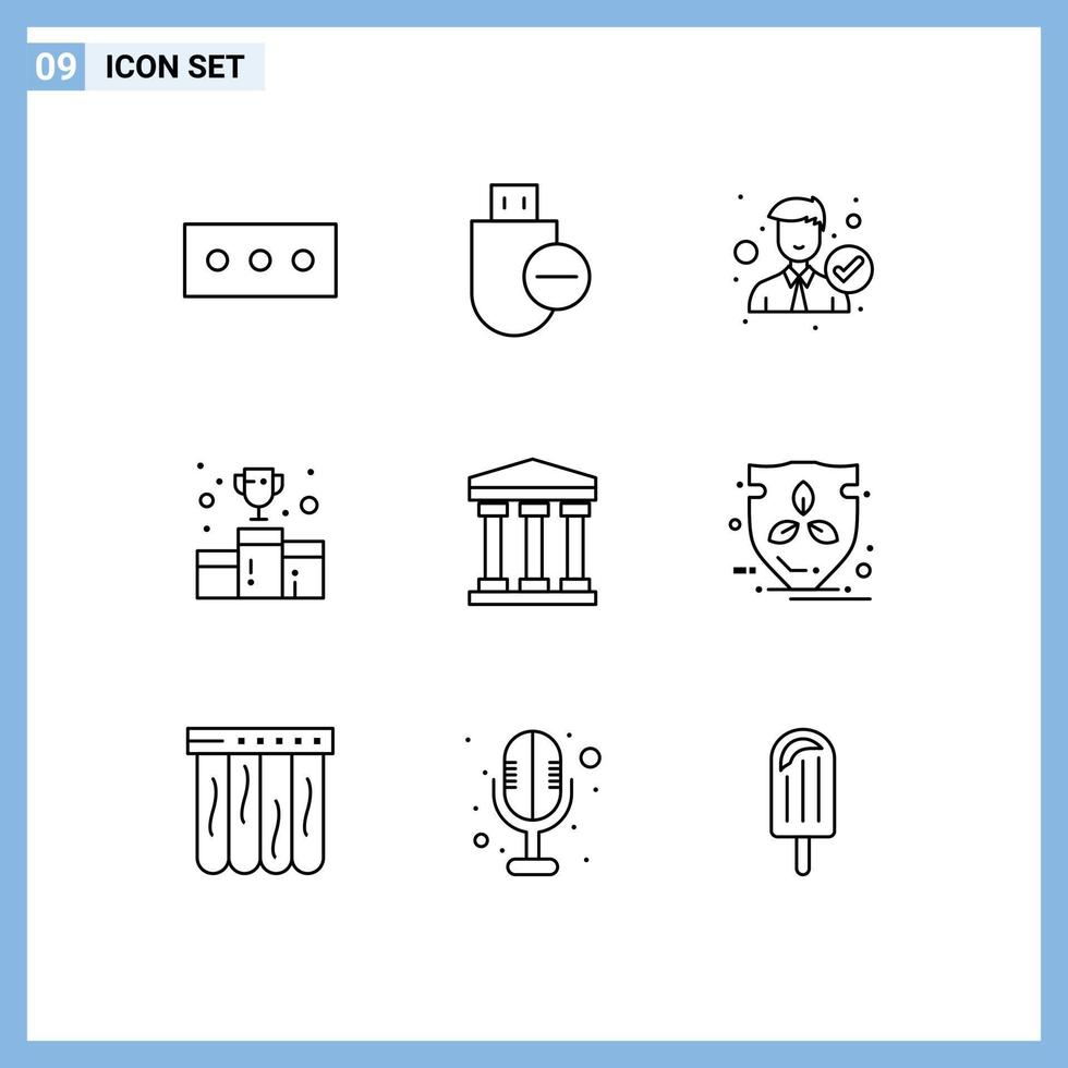 Pictogram Set of 9 Simple Outlines of user medal employee first position award Editable Vector Design Elements