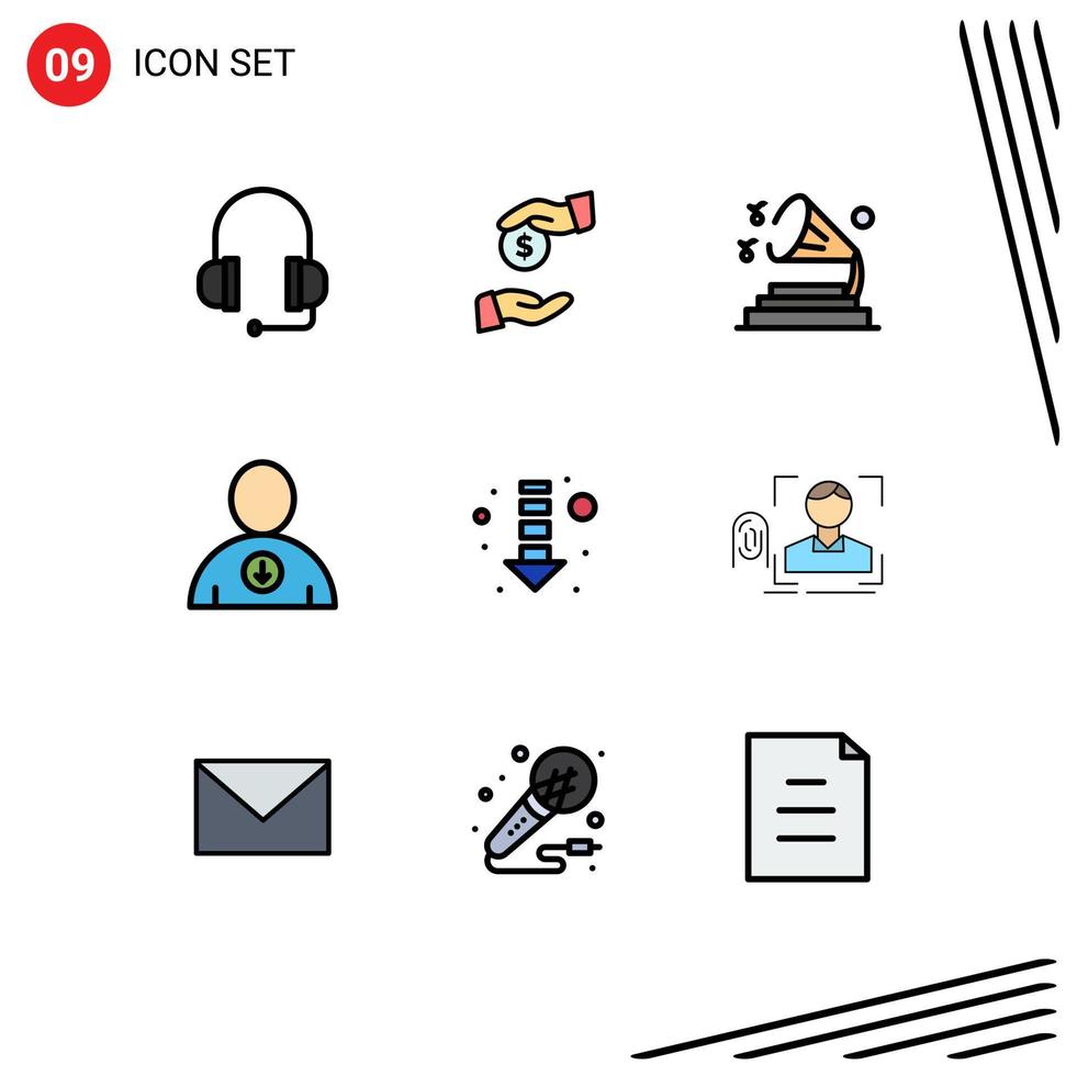 Group of 9 Modern Filledline Flat Colors Set for finger direction sound arrow next Editable Vector Design Elements