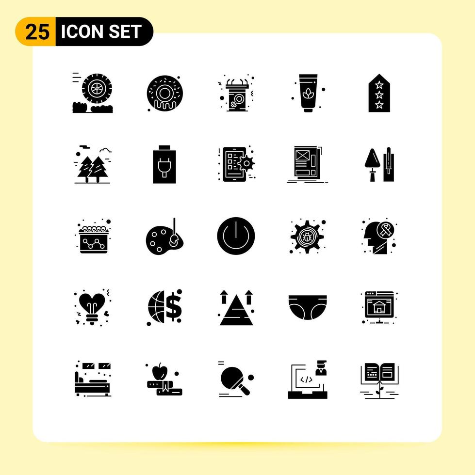 Mobile Interface Solid Glyph Set of 25 Pictograms of three star female rank cream Editable Vector Design Elements