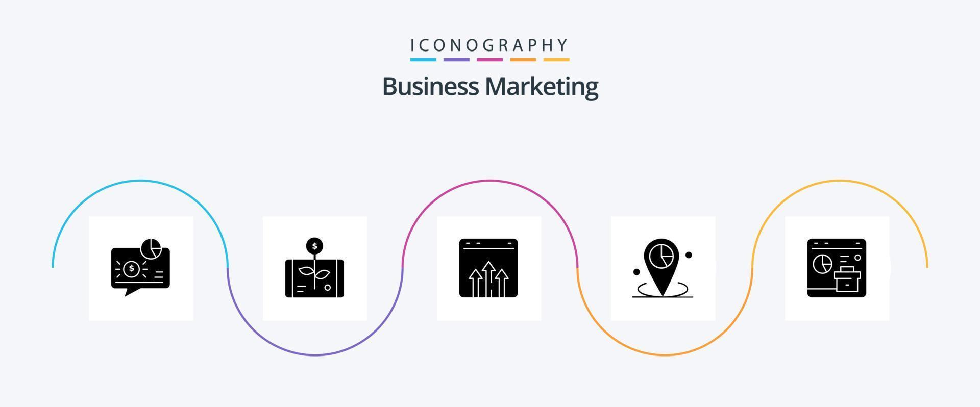 paquete de iconos de glifo 5 de marketing empresarial que incluye la ubicación. datos. informe. informe. grafico vector