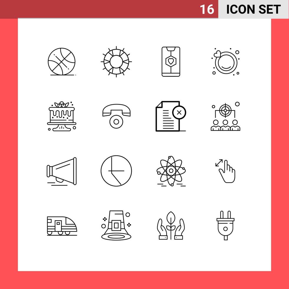 Group of 16 Modern Outlines Set for cake ring support engagement love Editable Vector Design Elements