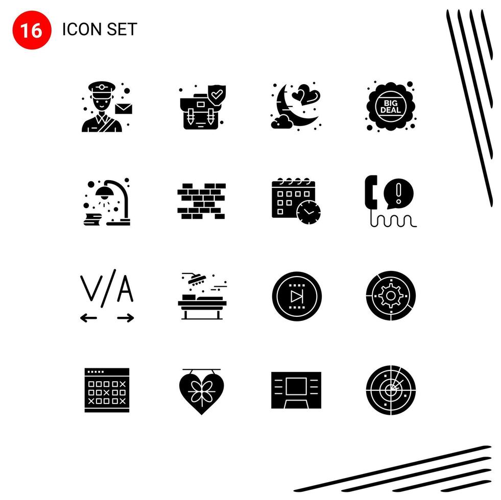 Set of 16 Commercial Solid Glyphs pack for sale discount shield big deal night Editable Vector Design Elements
