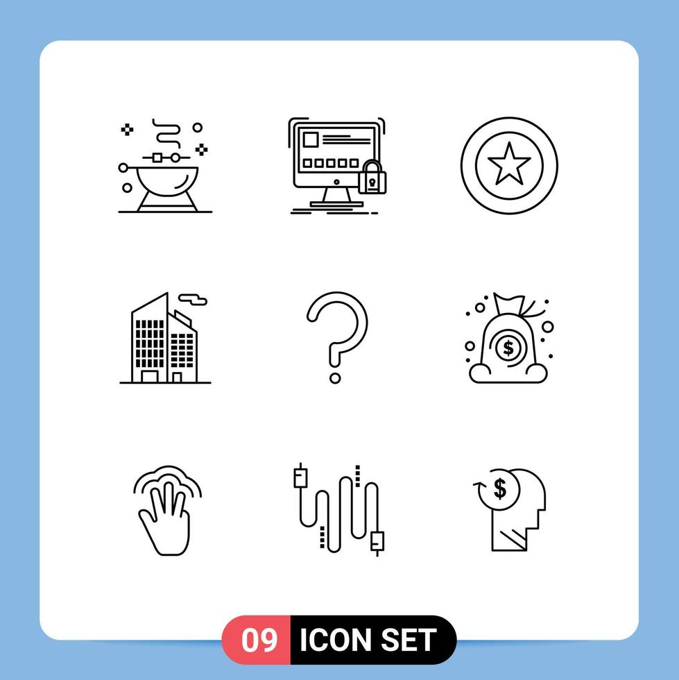 paquete de iconos de vector de stock de 9 signos y símbolos de línea para elementos de diseño de vector editable de corona de oficina segura de rascacielos de pregunta